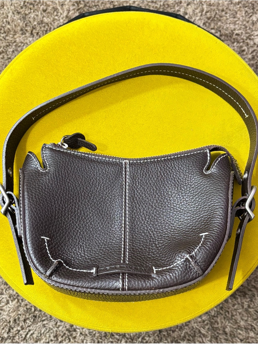 Women’s Dark Brown Pebbled Leather Shoulder Bag with White Contrast Stitching